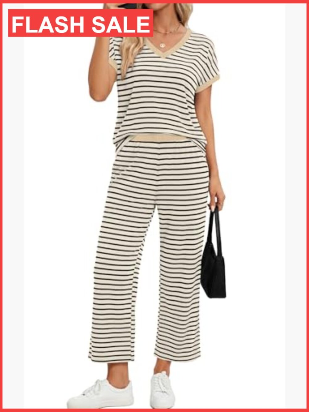 Lightweight Lounge Set, V-Neck Top & Wide Leg Pants, Size Large, Travel Outfit - Picture 4 of 7